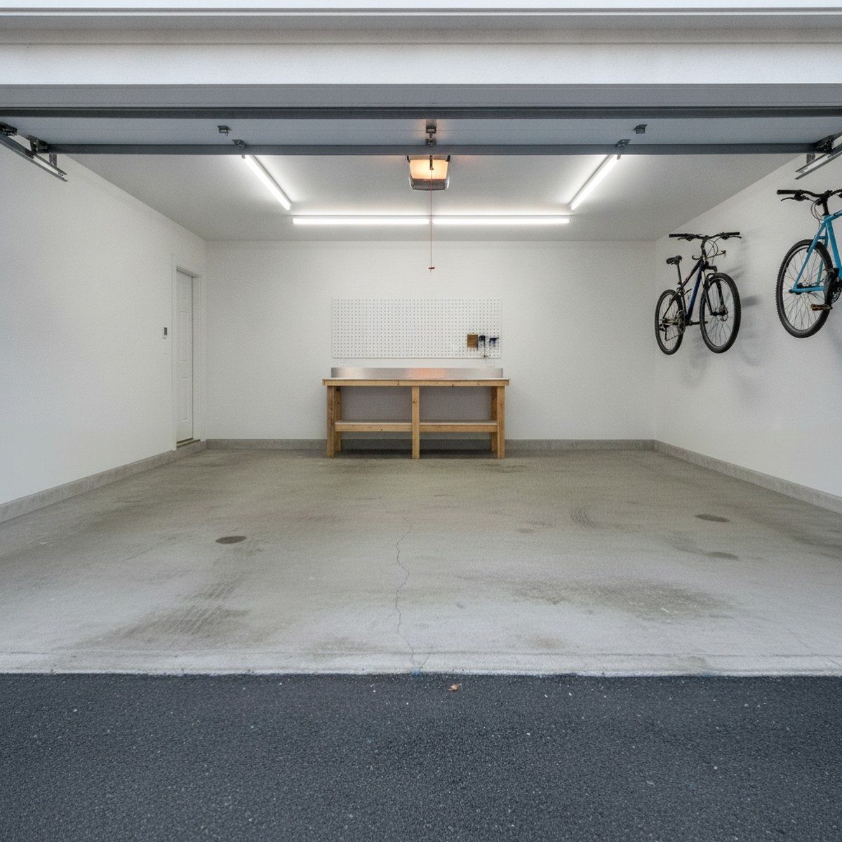 A worn, stained, bare concrete garage floor before an epoxy coating